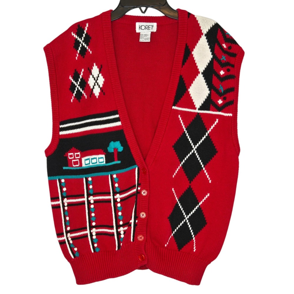 Vtg HandKnit Barn Scene Sweater Vest Pastoral Grandpa Core Rural Americana Large